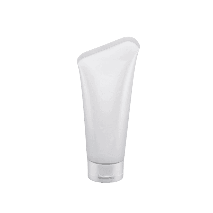 หลอดบรรจุภัณฑ์สีขาว ผิวแมตต์ ดีไซน์ปลายหลอดกว้างและเฉียงเล็กน้อย พร้อมฝาปิดแบบเกลียวสีขาวเข้าชุดกัน