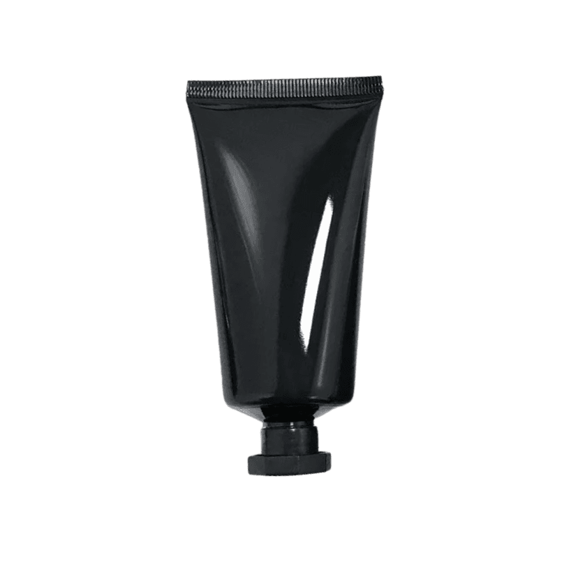 หลอดบีบสีดำสนิท ผิวมันวาว ทรงมาตรฐานขนาดกะทัดรัด พร้อมฝาปิดแบบหมุนสีดำ