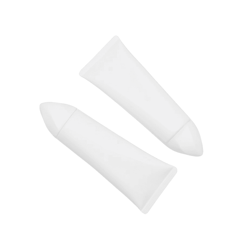 หลอดผลิตภัณฑ์สีขาว 2 หลอด วางสลับทิศทางกัน โดดเด่นด้วยฝาปิดทรงกรวยแหลมดูทันสมัย