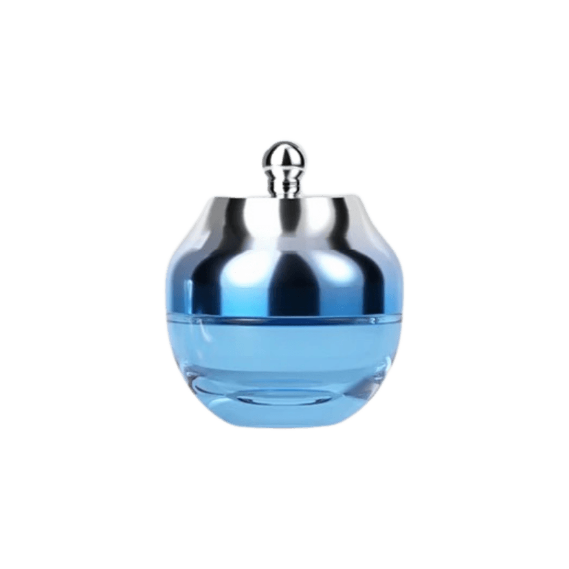 กระปุกครีมอะคริลิกทรงกลม ฝาเงินเงา ตัวกระปุกใสสีฟ้า ดีไซน์พรีเมียม