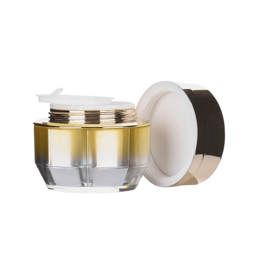 กระปุกครีมอะคริลิกสีทองใส พร้อมฝาเกลียว เปิดฝาเห็นแผ่นปิดสีขาวด้านใน