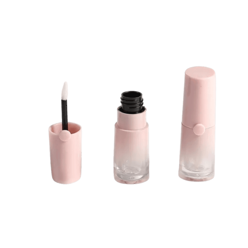 ขวดลิปกลอสเปล่า สีชมพู ทรงกระบอก พร้อมแปรงทาลิป แพ็กเกจเครื่องสำอางแบบมินิมอล