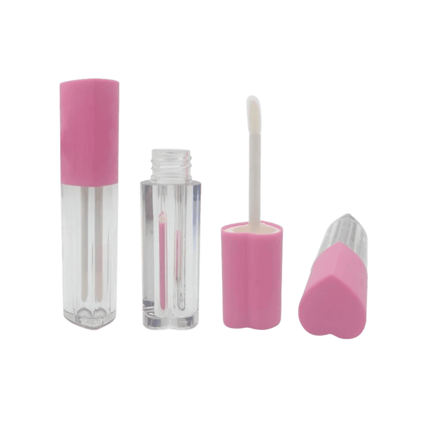 ขวดลิปกลอสเปล่าทรงหัวใจ สีชมพู แพ็กเกจเครื่องสำอางดีไซน์น่ารัก เหมาะกับแบรนด์วัยรุ่น