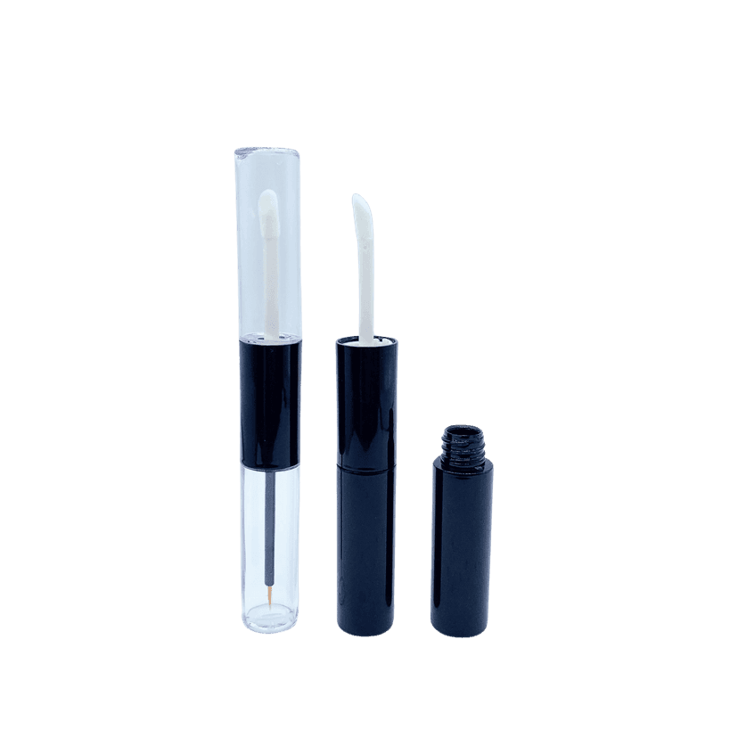 ขวดลิปกลอสใส 2 หัว ฝาดำ พร้อมหัวแปรงทาลิป แพ็กเกจเครื่องสำอางแบบเรียบหรู