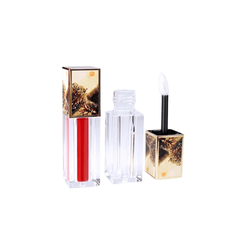 บรรจุภัณฑ์ลิปกลอสทรงเหลี่ยม ฝาลายศิลป์ แยกขวดและหัวแปรง สำหรับลิควิดลิปพรีเมียม