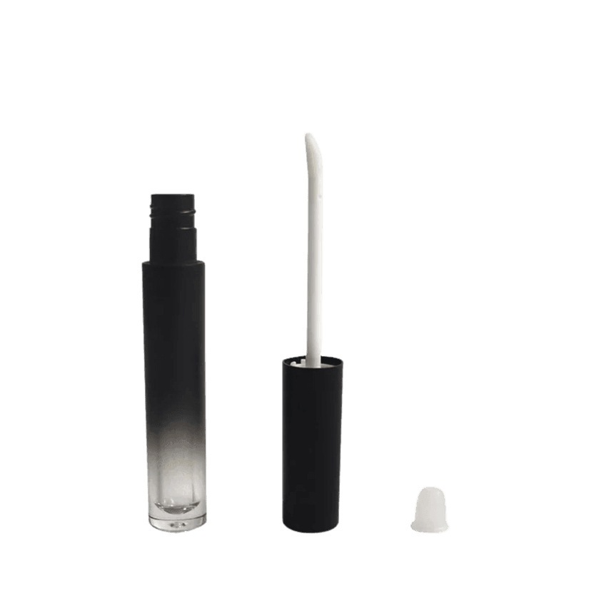 ลิปกลอสเปล่า สีดำ ทรงกระบอก แยกชิ้นฝา แปรง และขวด เหมาะสำหรับแบรนด์เครื่องสำอางค์