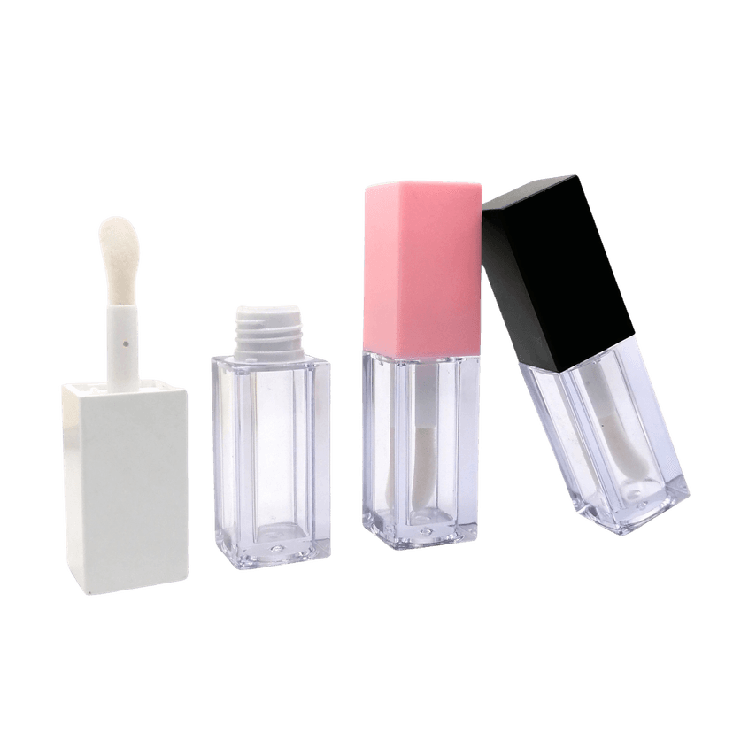แพ็กเกจลิปกลอสทรงเหลี่ยม ฝาสีชมพู ดำ และขาว ตัวขวดใส แยกชิ้นสำหรับบรรจุลิควิดลิป