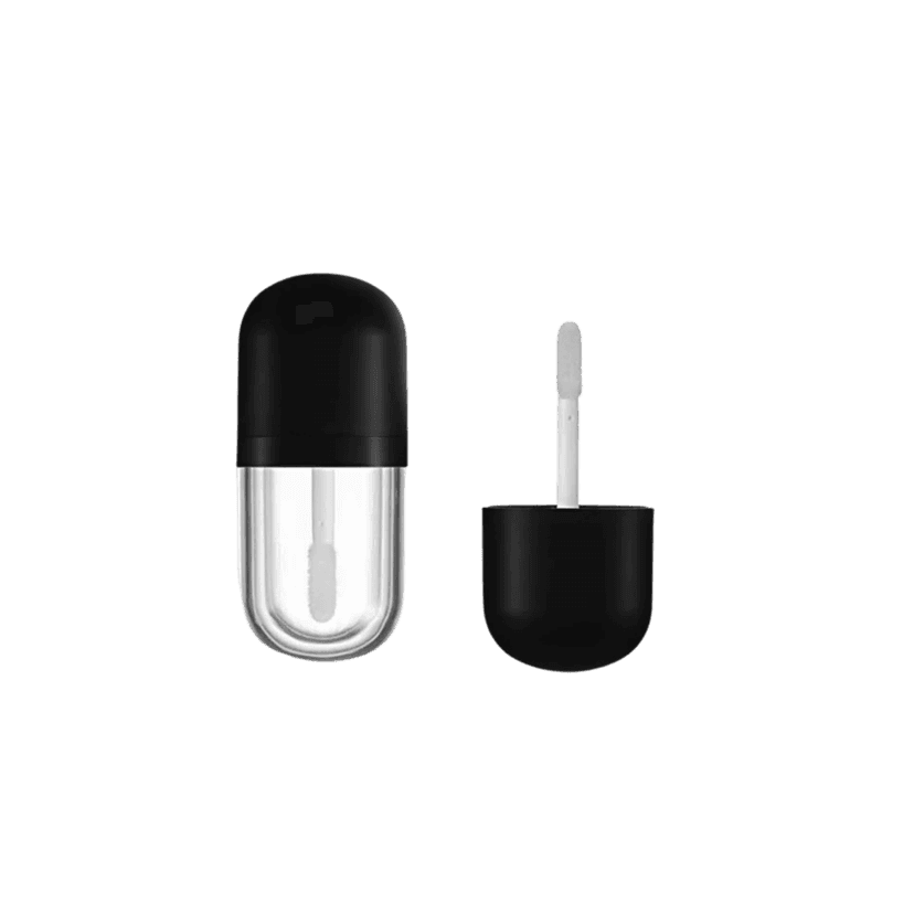 แพ็กเกจลิปกลอสทรงแคปซูล สีดำใส พร้อมแปรงทาลิป ดีไซน์ทันสมัย