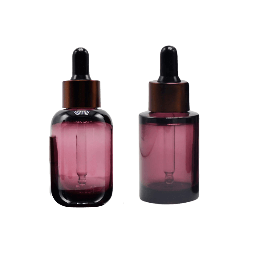 ขวดดรอปเปอร์แก้วสีม่วงเข้ม 2 ขนาด พร้อมฝาดรอปเปอร์สีดำ