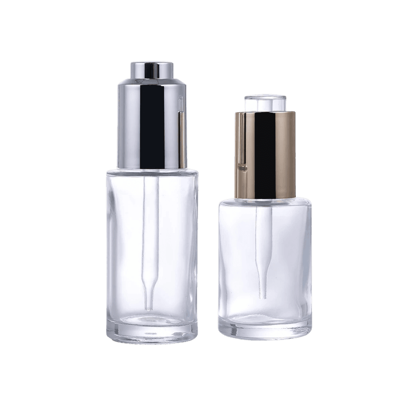 ขวดดรอปเปอร์แก้วใส 2 ขนาด ฝาโลหะสีเงินและสีทอง ดีไซน์เรียบหรู