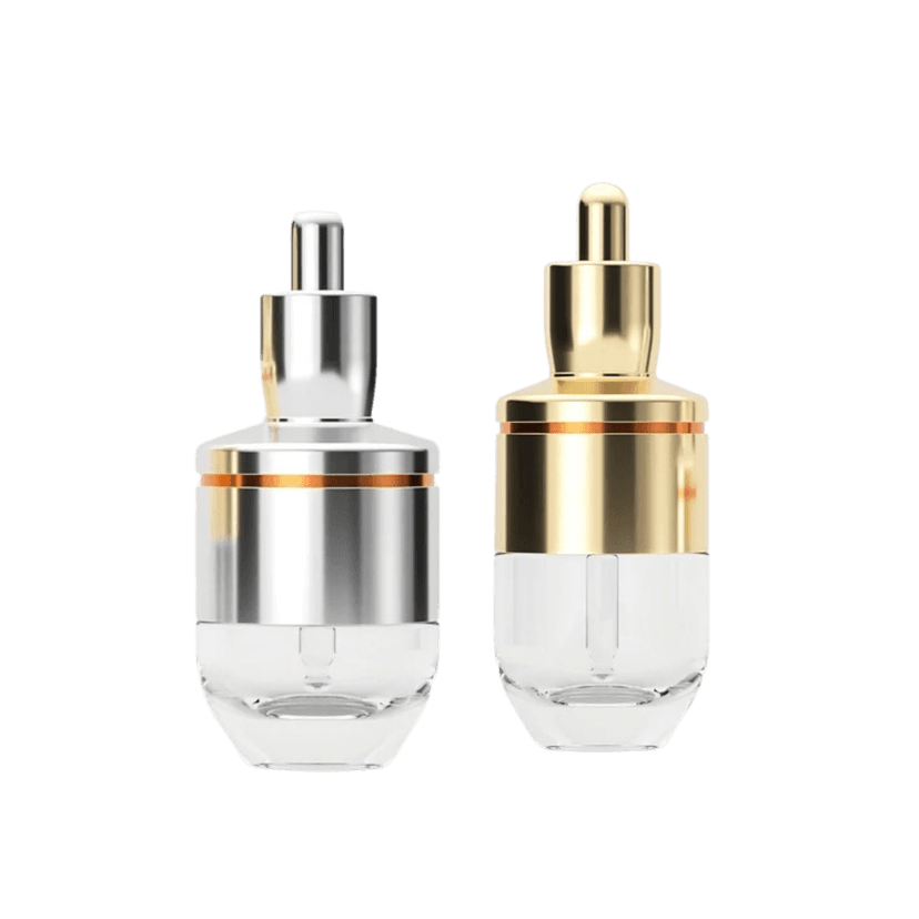 ขวดเซรั่มทรงกลมแก้วใส 2 ขนาด ฝาสีเงินและสีทอง ดีไซน์พรีเมียม