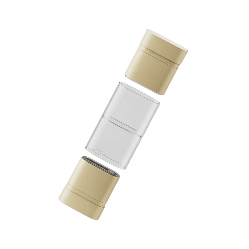 แท่งสติ๊ก 2 หัวทรงกระบอกใส (clear cylindrical jar) แยกชิ้นฝาบนและฝาล่าง โครงสร้าง 3 ส่วน เหมาะสำหรับครีมบำรุงผิวและผลิตภัณฑ์สกินแคร์พรีเมียม