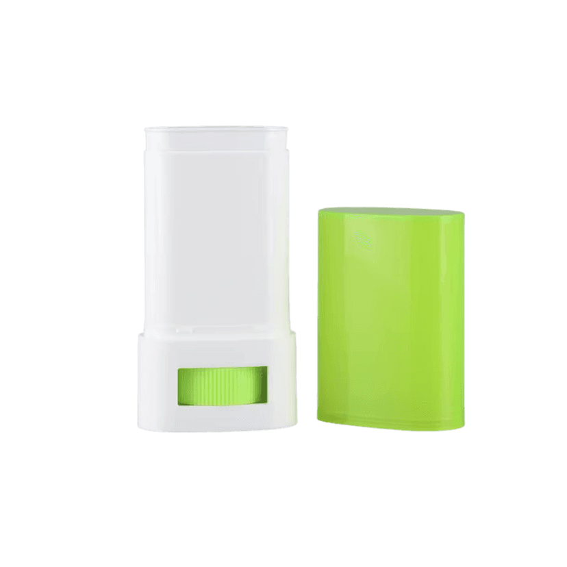 แท่งสติ๊กทรงสี่เหลี่ยมมนสีขาว (rounded square stick packaging) มีระบบหมุนดันจากด้านล่าง เหมาะสำหรับครีมแท่ง และสกินแคร์แบบสติ๊ก